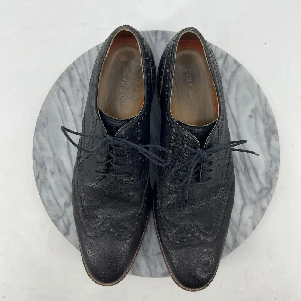 Cole Haan Wingtip Oxford Shoes Mens 11.5 Black Pebbled Leather Lace Up Business